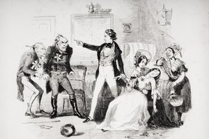 Nicholas congratulates Arthur Gride on his wedding morning, illustration from 